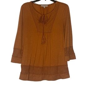 Daniel Rainn Blouse Peasant Tunic Terracotta M Lace Tassel Boho Top Orange